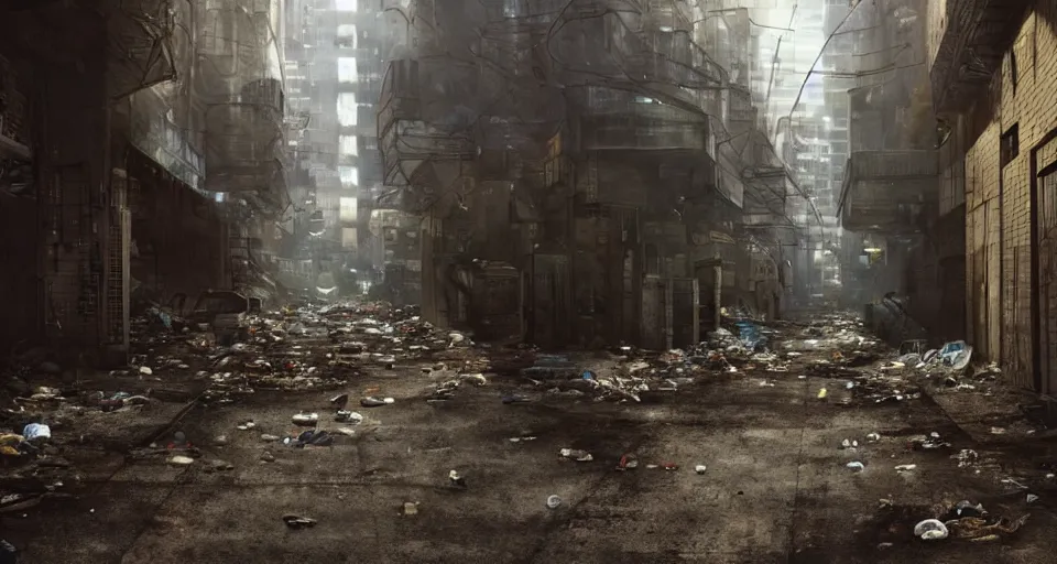 Image similar to a cinematic still frame of an alleyway in a futuristic dystopian city, littered with garbage, cold lighting, brutalist architecture, damp, cityscape, vanishing point perspective