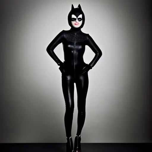 Image similar to Fully-clothed full-body portrait of Emma Stone as catwoman, XF IQ4, 50mm, F1.4, studio lighting, professional, 8K