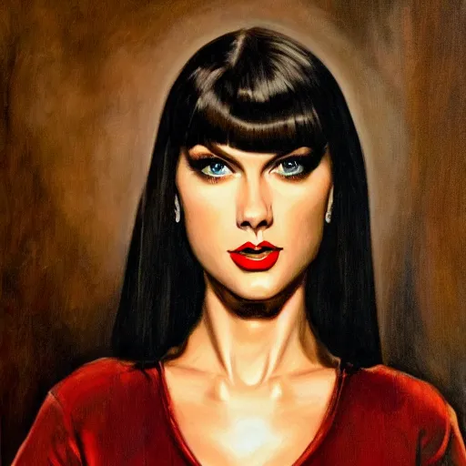Prompt: ultra realistic portrait painting of taylor swift in the addams family, art by frank frazetta, 4 k, ultra realistic, highly detailed, epic lighting.