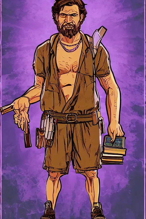 Image similar to saint homo neanderthalis with book of science on his right hand, and riffle, violet polsangi pop art, gta chinatown wars art style, bioshock infinite art style, incrinate, dynamic composition, hyperrealistic, two colors, white frame, 4 k, uhd, remove duplicate content