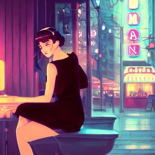 Image similar to portrait of beautiful girl with dark hair dressed in 1920's style, sitting in cafe alone, nighttime, low-key neon lighting, 4k, HQ, official media, anime key visual, makoto shinkai, ilya kuvshinov, lois van baarle, rossdraws, detailed, trending on artstation