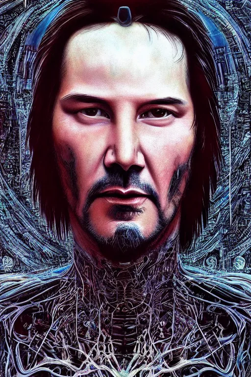 Image similar to portrait of keanu reeves, hyperdetailed, nightmare, abomination, ultrarealistic, cyberpunk, dramatic, symmetrical, by h. r. giger and zdislaw beksinski and artgerm, science fiction, alien, religious art, mandelbrot fractal, trending on deviantart