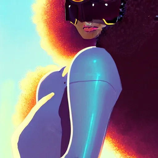 Image similar to Beautiful woman wearing opaque reflective goggles profile picture by Greg Rutkowski, brown skin, long afro hair, asymmetrical, futuristic, cool colors, streetwear, studio ghibli, Organic Painting , Matte Painting, geometric shapes, hard edges, street art, trending on the artstation, fantasy LUT, realistic by Sachin Teng + Martin Grip + Moebius, techwear, Industrial Scifi, detailed illustration, character portrait,