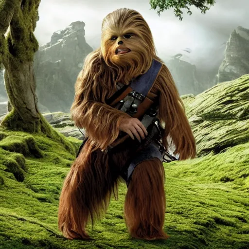 Image similar to promotional image of Chewbacca as Bilbo Baggins in The Hobbit: An Unexpected Journey (2012) directed by Peter Jackson, movie still, promotional image, imax 70 mm footage