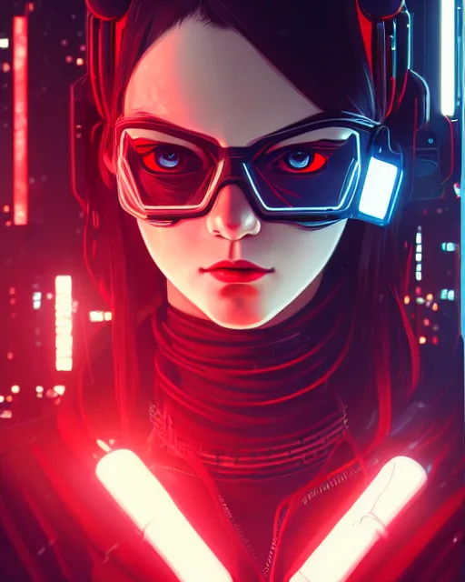 Image similar to a detailed potrait of a cyberpunk cyborg girl with black and red parts, perfect face, realistic shaded perfect face, detailed. night setting. very anime style. realistic shaded lighting poster by ilya kuvshinov katsuhiro, unreal engine, global illumination, radiant light, detailed and intricate environment