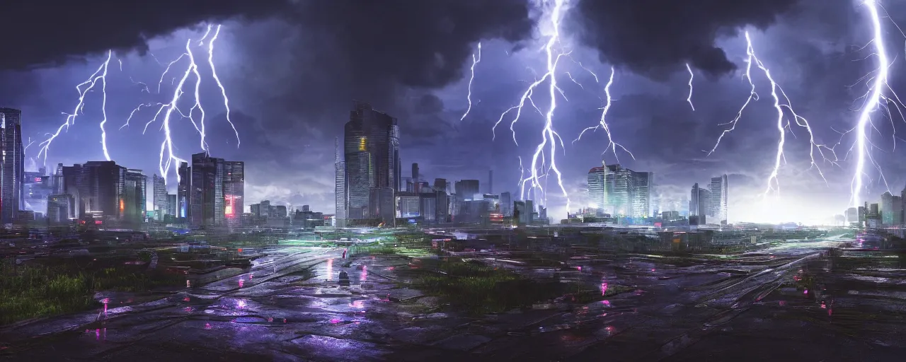Image similar to cyberpunk landscape, vivid, volumetric lighting, lightning, thunder, storm, portal, puddles, mystical