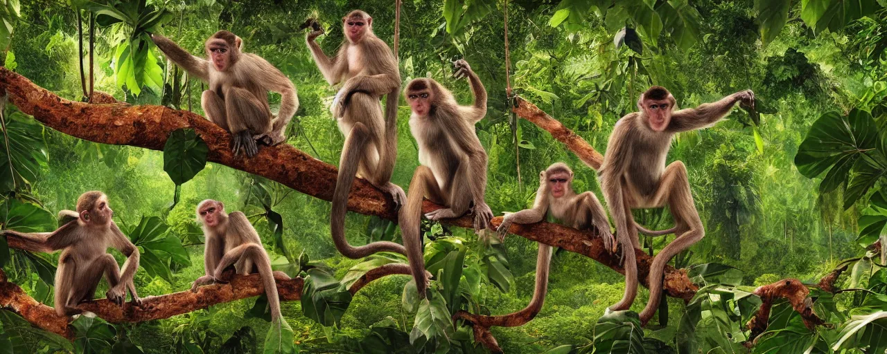 Prompt: a family of monkeys swing through the trees in a beautiful jungle landscape bordered by vines, flowers, tropical birds, snake, river with stunning water, weta pixar high fantasy many detailed features photorealism