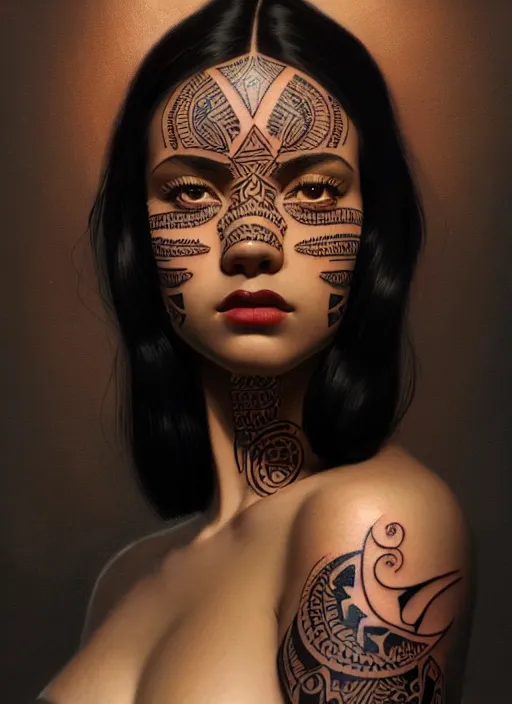 Prompt: portrait of a girl, fair skin, black hair, serious, tribal tattoos on her face, 1 9 5 0 s, intricate, elegant, glowing lights, highly detailed, digital painting, artstation, concept art, smooth, sharp focus, illustration, art by wlop, mars ravelo and greg rutkowski