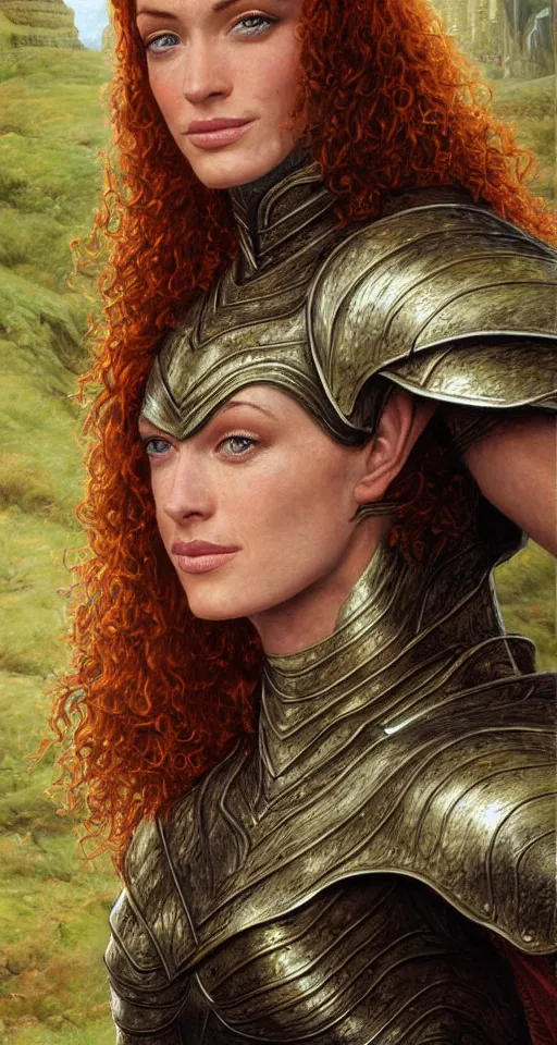 Image similar to Detailed painting of a curly redhead anne hathaway wearing elven armor portrait by Ted Nasmith