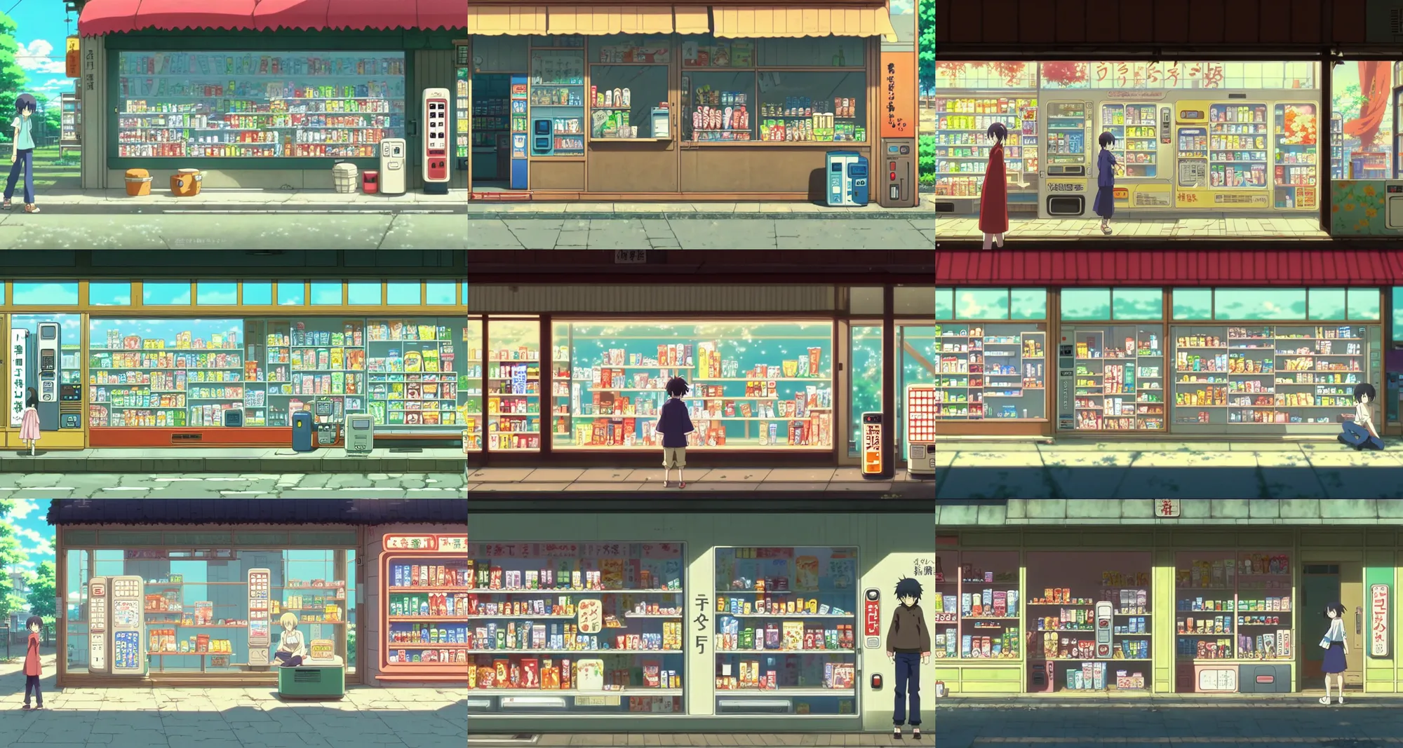 Prompt: beautiful slice of life anime scene of rural storefront with vending machine, relaxing, calm, cozy, peaceful, by mamoru hosoda, hayao miyazaki, makoto shinkai