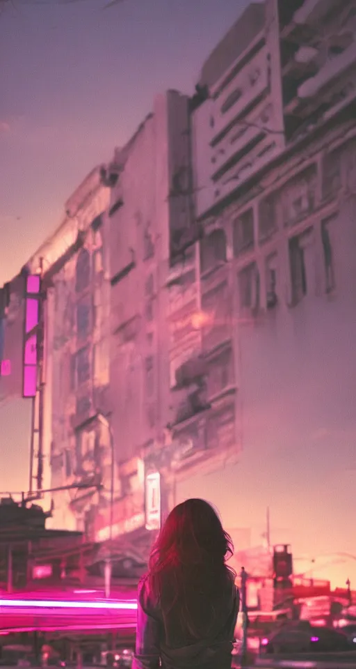 Image similar to hyperrealism, women, city, neon lights, glow, sunset, atmospheric, cinematic, retrowave style,