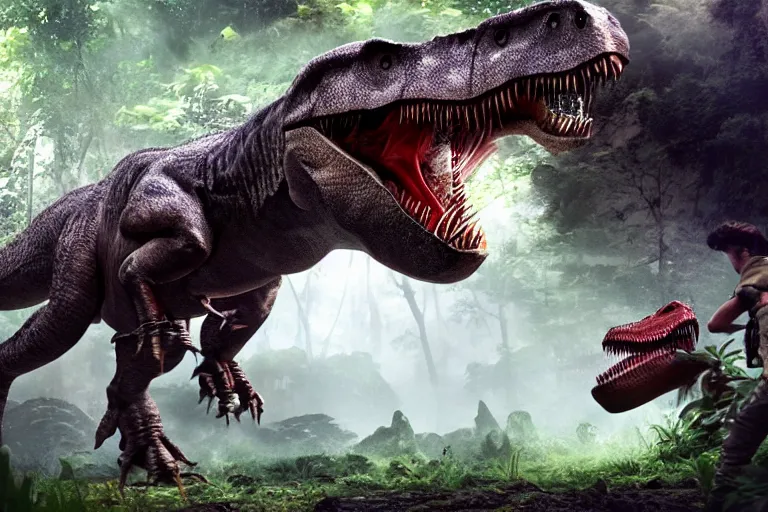 Prompt: a photo of a person fighting a t rex in a fantasy jungle, photorealistic, hd, 8 k