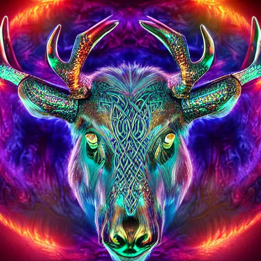 Prompt: photorealistic celtic antlered bear. hyperdetailed photorealism, 1 0 8 megapixels, amazing depth, glowing rich colors, powerful imagery, psychedelic overtones, 3 d finalrender, 3 d shading, cinematic lighting, artstation concept art