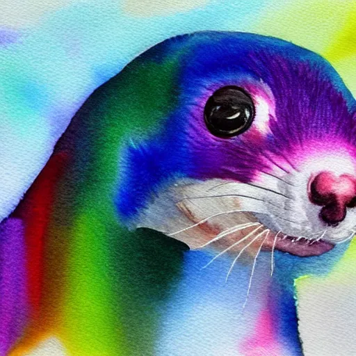 Image similar to rainbow impressionist in watercolor, ferret, ferrets, ferret, hyperrealistic, hyperalism, realistic