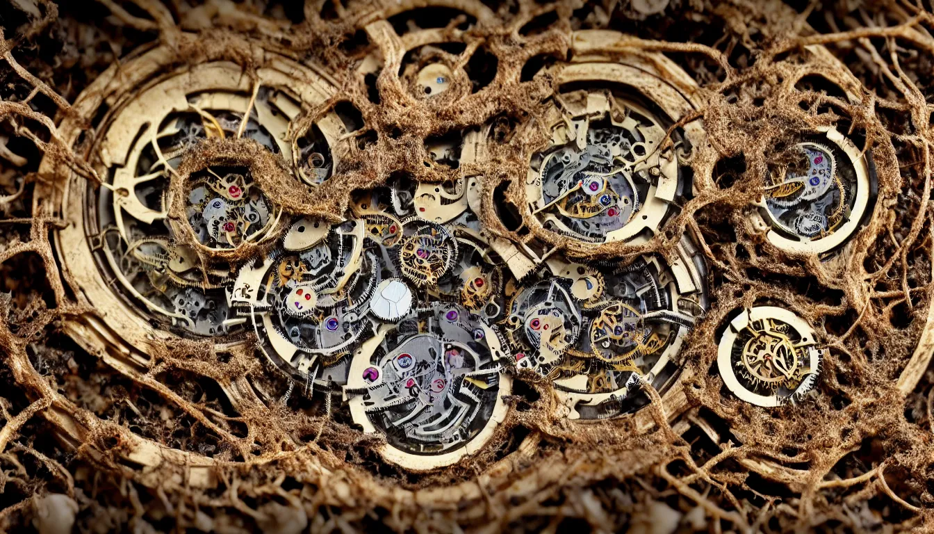 Image similar to detailed view from inside a clockwork watch, entangled roots covered in mushrooms, cracked earth, living spore microorganisms, decaying, rusty, hyper realistic photo, full colour, upscale, 8 k