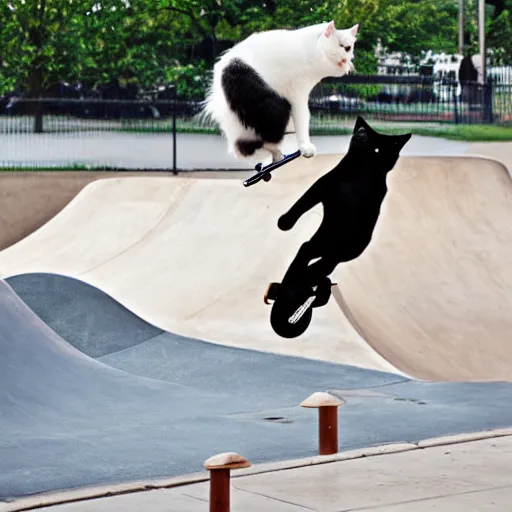 Prompt: a skateboarding cat performing a trick at the skatepark