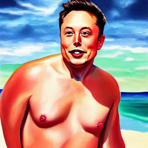 Image similar to photorealistic painting of Elon Musk wearing a bikini
