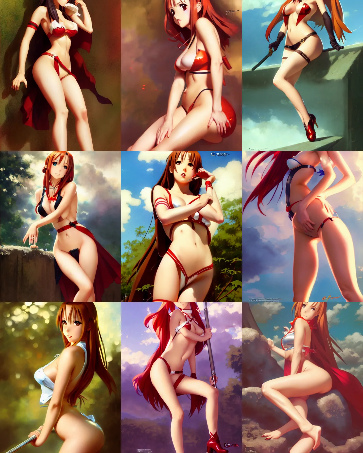 Prompt: pinup photo of asuna from sao, hot asuna by, by greg rutkowski, gil elvgren, glossy skin, pearlescent, anime, maxim magazine,