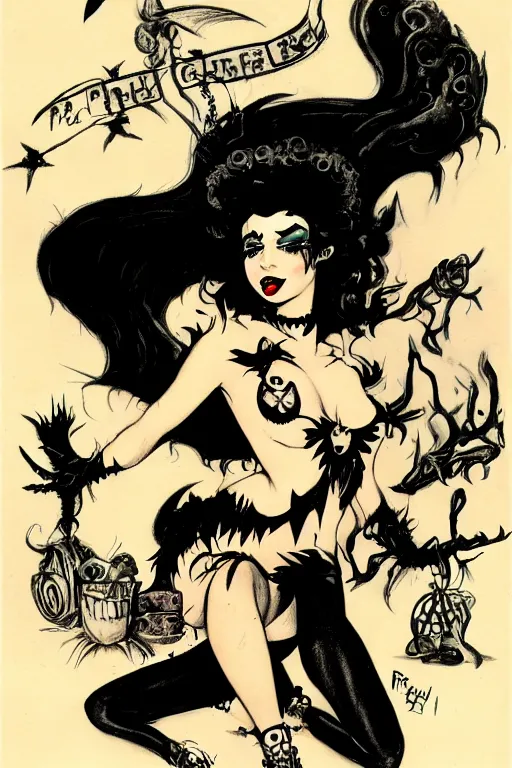 Image similar to of a witch girl burlesque psychobilly punk, detailed face, black hair, white background, drawing, illustration by frank frazetta