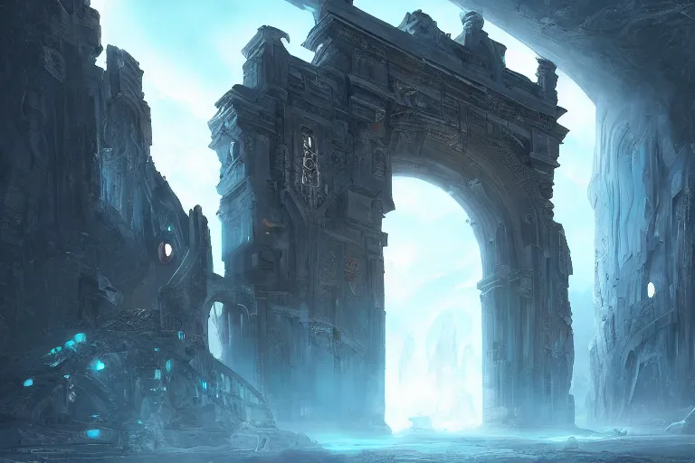 Image similar to ancient glowing epic portal to another dimension, cinematic, futuristic, gate, artstation, mattepainting