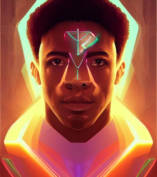 Image similar to symmetry!! egyptian prince of technology, solid cube of light, hard edges, product render retro - futuristic poster scifi, lasers and neon circuits, brown skin man egyptian prince, intricate, elegant, highly detailed, digital painting, artstation, concept art, smooth, sharp focus, illustration, dreamlike, art by artgerm