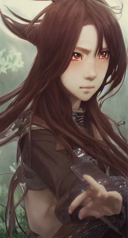 Prompt: newbie adventurer, anime style, long hair, hair down, symmetrical facial features, from arknights, hyper realistic, 4 k, rule of thirds, extreme detail, detailed drawing, safebooru, hd, fantasy leather clothing, by alphonse mucha, greg rutkowski, sharp focus, backlit