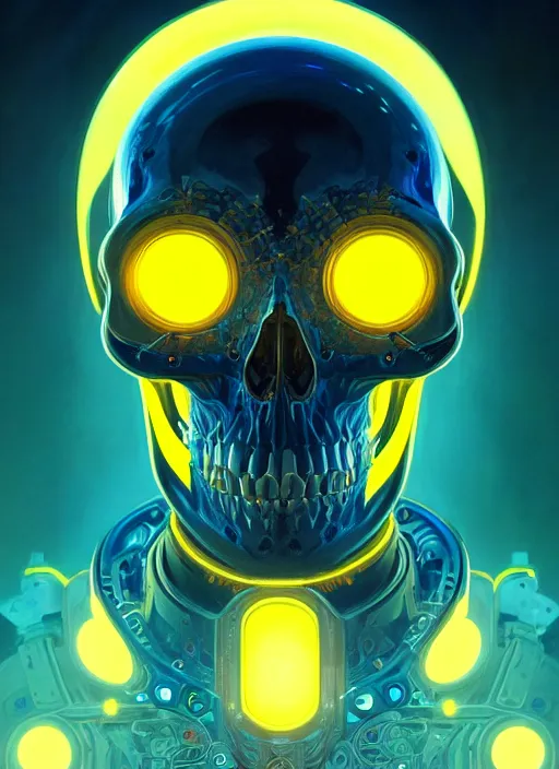 Prompt: symmetry!! portrait of a skull, sci - fi, tech wear, blue and yellow glowing lights!! intricate, elegant, highly detailed, digital painting, artstation, concept art, smooth, sharp focus, illustration, art by artgerm and greg rutkowski and alphonse mucha