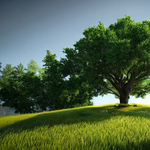 Prompt: one large tree at the top of a small hill, in a mountainous area, green grass, unreal engine rendering, hd, birds in the sky