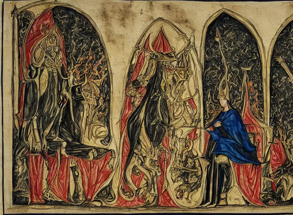 Image similar to a illuminated manuscript drawing of sauron sitting on a throne with the nazgul kneeling in front of him