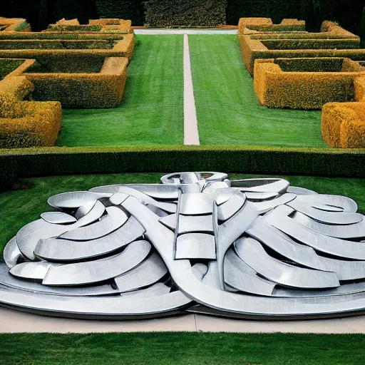 Prompt: giant Italian modern castle formal garden with a modern stainless steel organic shaped modern sculptureswith mirror finish by Tony Cragg, photo by Annie Leibovitz
