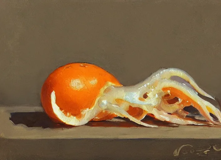 Image similar to “ a highly detailed beautiful portrait of a squid peeling an orange, by gregory manchess, james gurney, james jean ”