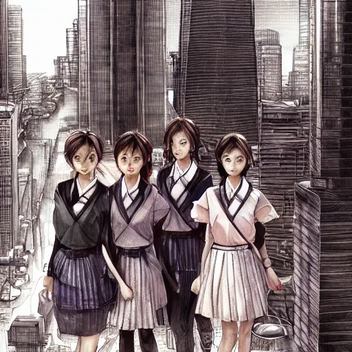 Prompt: a perfect, realistic professional digital sketch of a Japanese schoolgirls posing in a sci-fi cityscape, style of Marvel, full length, by pen and watercolor, by a professional American senior artist on ArtStation, a high-quality hollywood-style sketch, on high-quality paper