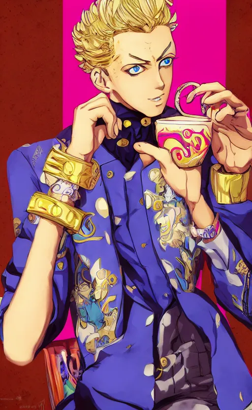 Image similar to giorno giovanna drinking tea, jojo's bizarre adventure, official art, concept art, digital paintting, artstation, 4 k