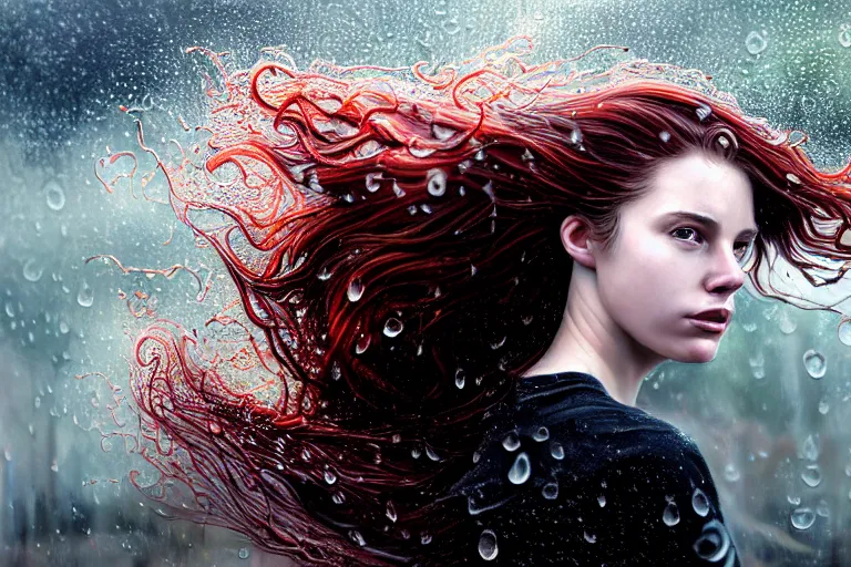 Prompt: highly detailed portrait of a beautiful girl running in rain with wet red hair and pale face, swirling smokey tendrils, bright scattered particles, fantasy, intricate, elegant, dramatic lighting, emotionally evoking symbolic metaphor, highly detailed, lifelike, photorealistic, digital painting, artstation, concept art, smooth, sharp focus, illustration, art by John Collier and Albert Aublet and Krenz Cushart and Artem Demura and Alphonse Mucha