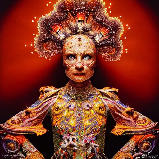 Image similar to uhd photorealisitc inspiring photo of a cosmic piccolo powered up. intricate details. ornate costume. glowing, powering up. hyperdetailed, accurate, global lighting. accurate face. symmetrical face. correct face. photo by annie leibowitz and steve mccurry