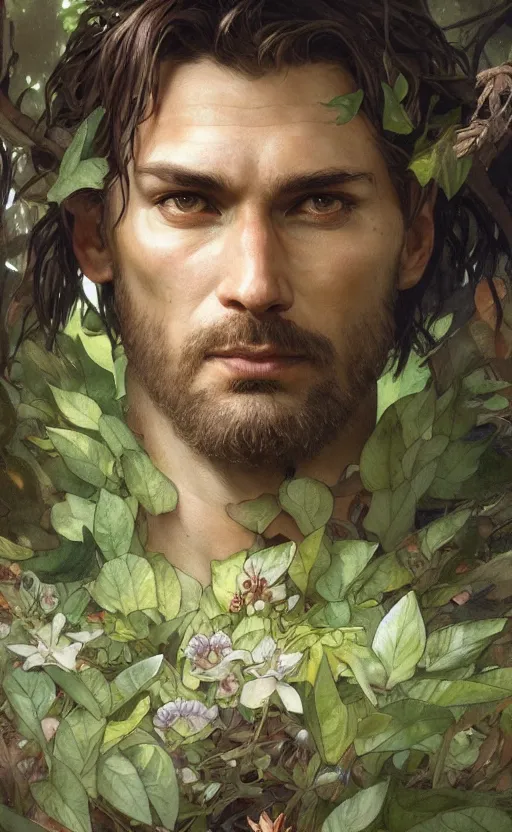 Image similar to god of the forest, 3 0 years old, rugged handsome, male, gorgeous, detailed face, clean lines, cinematic light, amazing, full body, flowers, muscular, intricate, highly detailed, digital painting, artstation, concept art, sharp focus, illustration, art by greg rutkowski and alphonse mucha