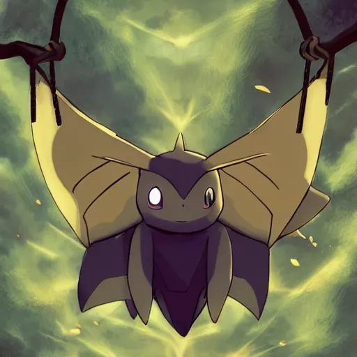 Image similar to pokemon that looks like a bat, hanging upside down from a tree ， like a light bulb in the art, digital art. unreal engine.