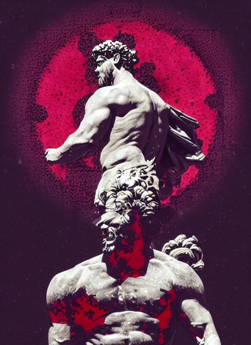 Image similar to black background with subtle red and purple geometric design elements, statue of hercules, nekro, graphic design, collage art, dark, glitch art, neo vaporwave, gritty, layout frame, trending on artstation