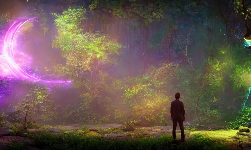 Prompt: a man standing in front of a glowing sparkling gigantic portal in a mysterious jungle, fantasy, flowery, particles, fireflies, octane render, unreal engine, artstation, digital art