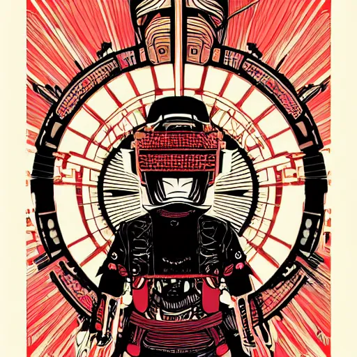 Prompt: !dream Illustrated by Shepard Fairey and H.R. Geiger | Cyberpunk Samurai with VR helmet, surrounded by cables