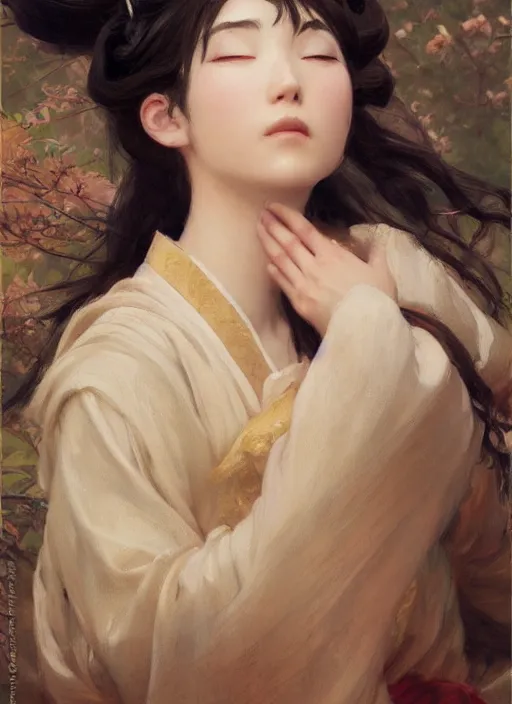 Image similar to detailed portrait of serene anime girl gwen wearing hanfu, closed eyes, natural light, painting by gaston bussiere, craig mullins, j. c. leyendecker