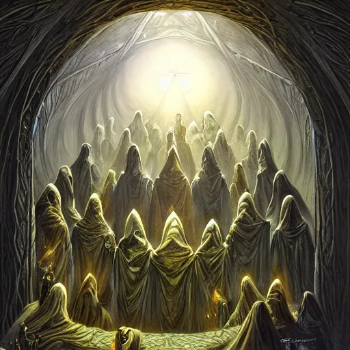 Prompt: a dark cabal of hooded elven mystics in long robes gathered in a circular formation around a highly advanced quantum computer processing the spirits of the dead, dan seagrave art, michael whelan