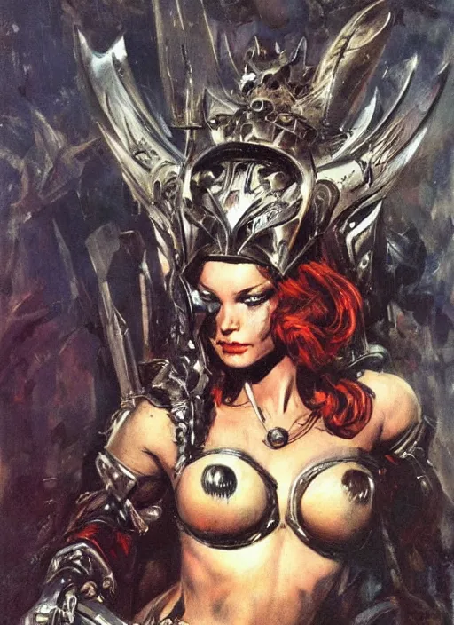 Image similar to portrait of norwegian female chaos angel, beautiful! coherent! by frank frazetta, by brom, strong line, deep color, spiked armor, iron helm, high contrast, maximalist