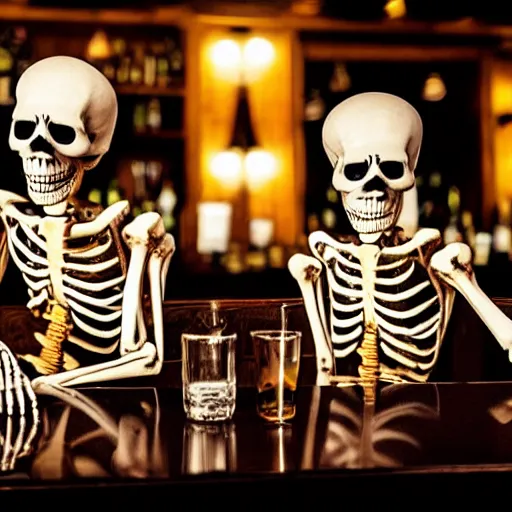 Prompt: two skeletons sitting at a bar drinking whiskey, dark