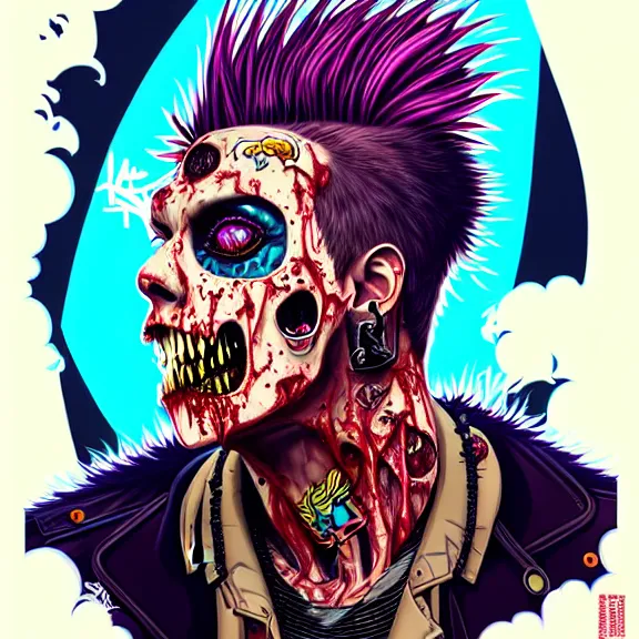 Image similar to a zombie punk rocker with a mohawk playing electric guitar, tristan eaton, victo ngai, artgerm, rhads, ross draws