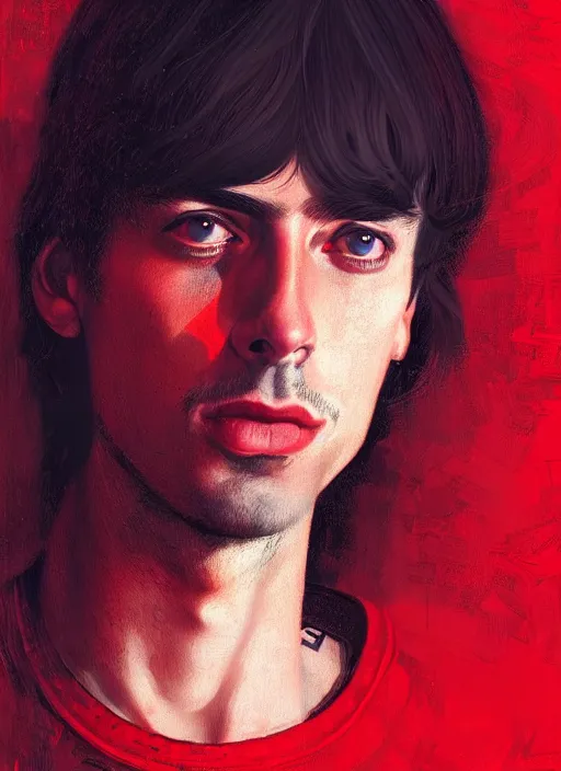 Prompt: portrait of chico buarque with bangs, 1 9 6 0 s, long hair, red clothes, bangs, intricate, elegant, glowing lights, highly detailed, digital painting, artstation, concept art, smooth, sharp focus, illustration, art by wlop, mars ravelo and greg rutkowski