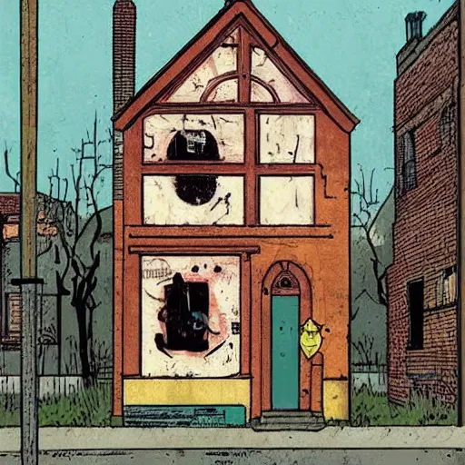 Image similar to A beautiful street art of an old, abandoned house. by Ravi Zupa, by Matt Groening, by Brian K. Vaughan unified