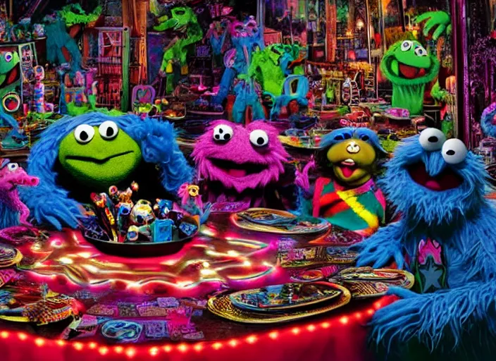 Prompt: 8k hyper realistic detailed image, swirl, unholy Cookie Monster rites in a coven of Muppets, Black Frank the goat and neon pentagram in the center of a table, rich deep colors, neon colors, caustic light, iridescent light, cinematic shot by Alfonso Cuaron, part by Gaspar Noe, part by Stanley Kubrick, ultra detailed