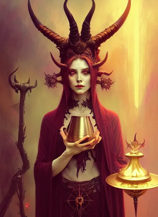 Image similar to a beautiful illustration of a satanic witch with horns in head holding a chalice, intricate, sharp focus, illustration, highly detailed, digital painting, concept art, matte, art by WLOP and Artgerm and Greg Rutkowski and Alphonse Mucha, masterpiece