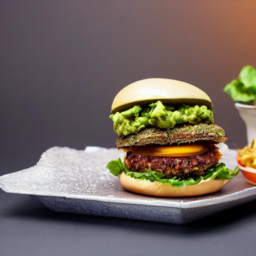 Image similar to juicy vegan hamburger topped with guacamole and crispy fried onion and a fried egg, crispy buns, 8 k resolution, professional food photography, studio lighting, sharp focus, hyper - detailed